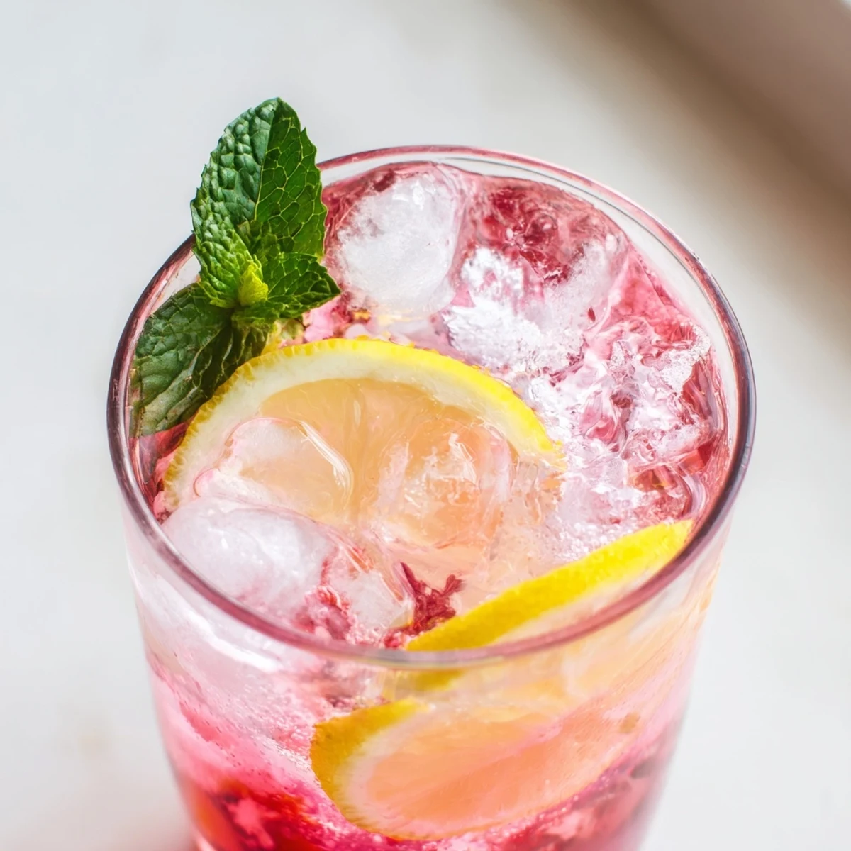 Vibrant honey lemon pink soda with ice and fresh mint garnish.  