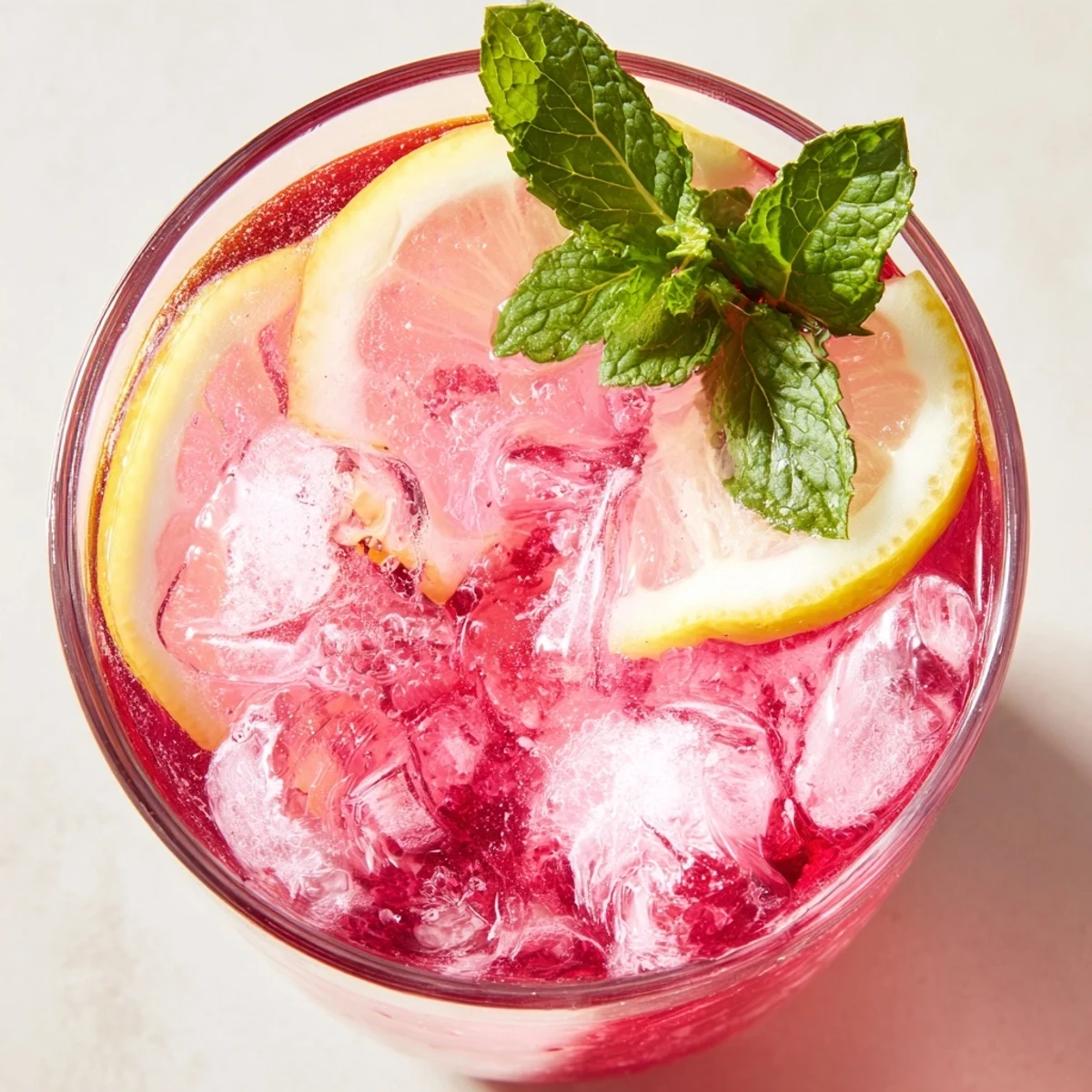 Effervescent honey lemon pink soda with bubbles and pink cranberry juice.