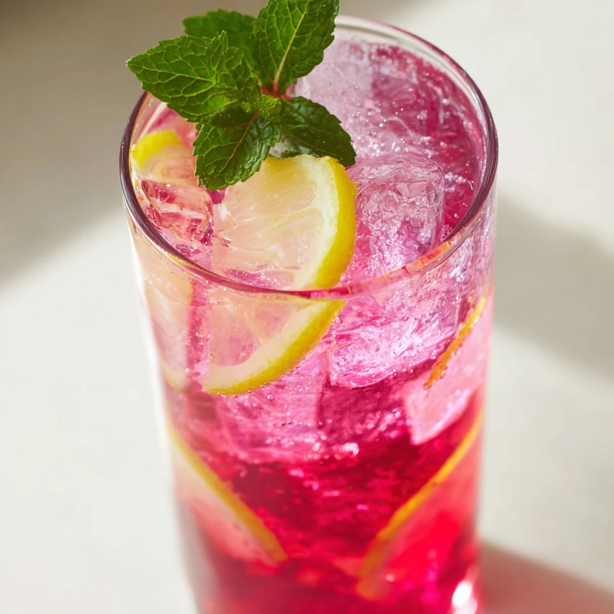 Refreshing honey lemon pink soda poured over ice with lemon slices.  