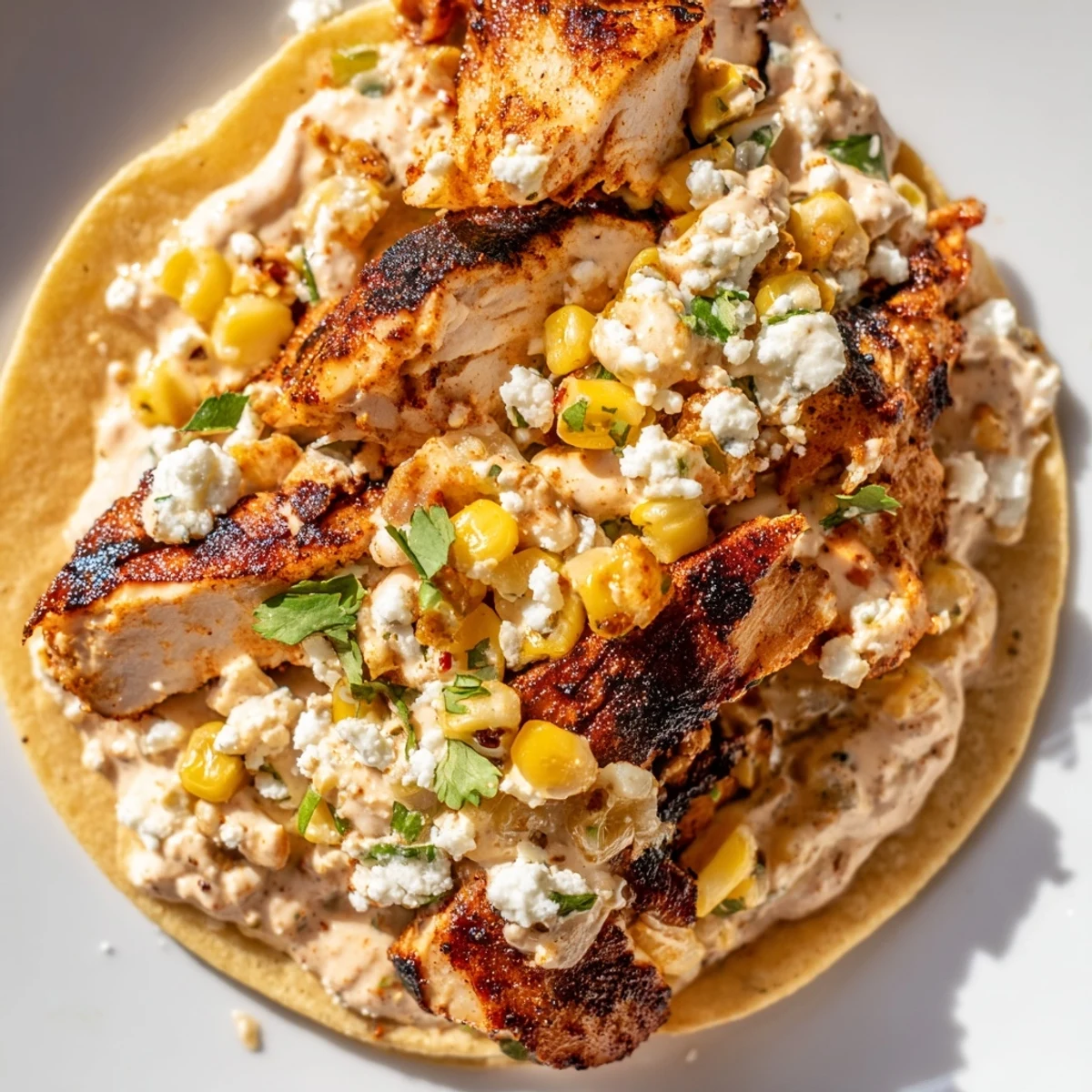 Golden street corn chicken tacos topped with creamy cheese and fresh cilantro.