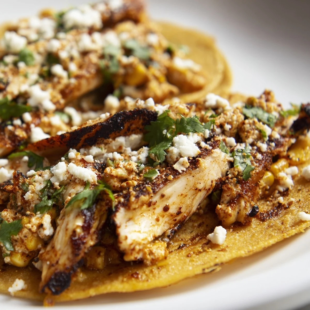 Spicy grilled chicken tacos loaded with zesty corn and crumbled cotija cheese.