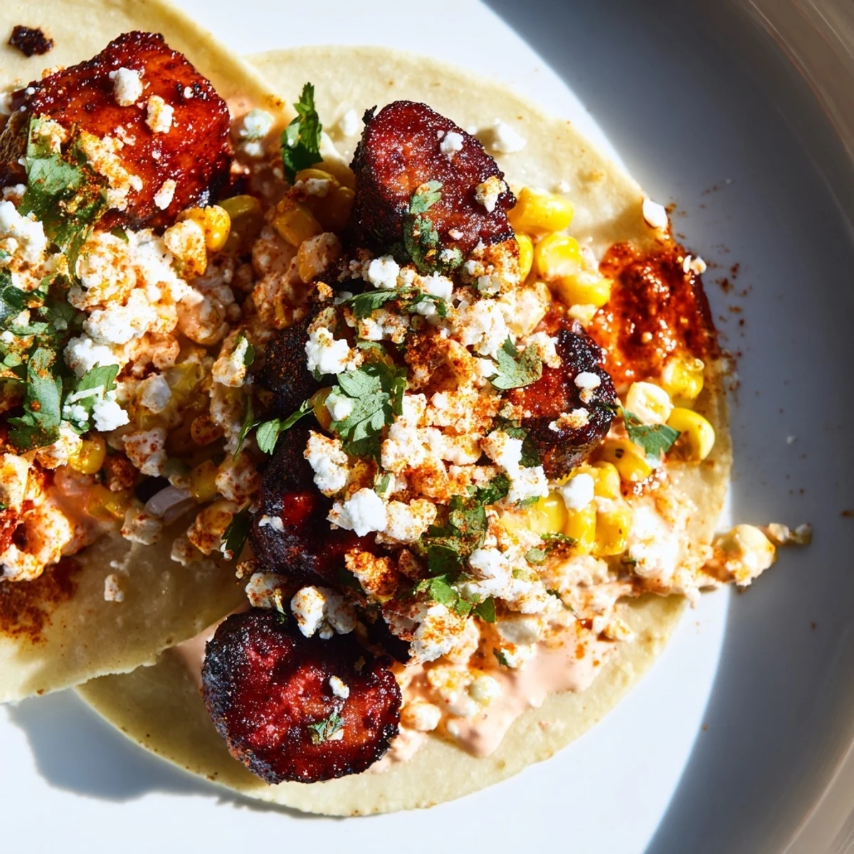 Warm tortillas filled with juicy chicken and tangy street corn mixture.