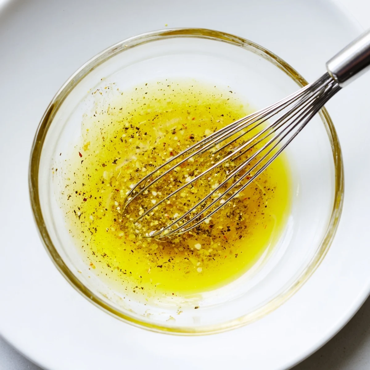 Glass jar of lemon vinaigrette dressing recipe with fresh zest and herbs.  