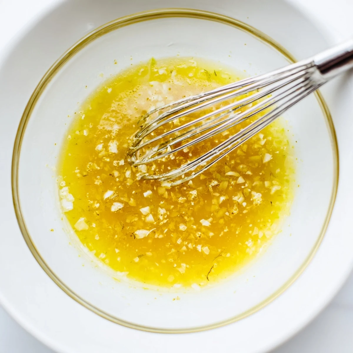 Golden olive oil emulsified in lemon vinaigrette dressing recipe drizzled over crisp greens.  