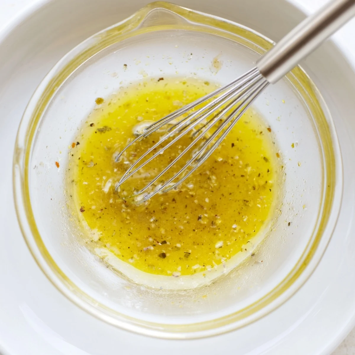 Close-up of zesty lemon vinaigrette dressing recipe whisked in a white bowl.
