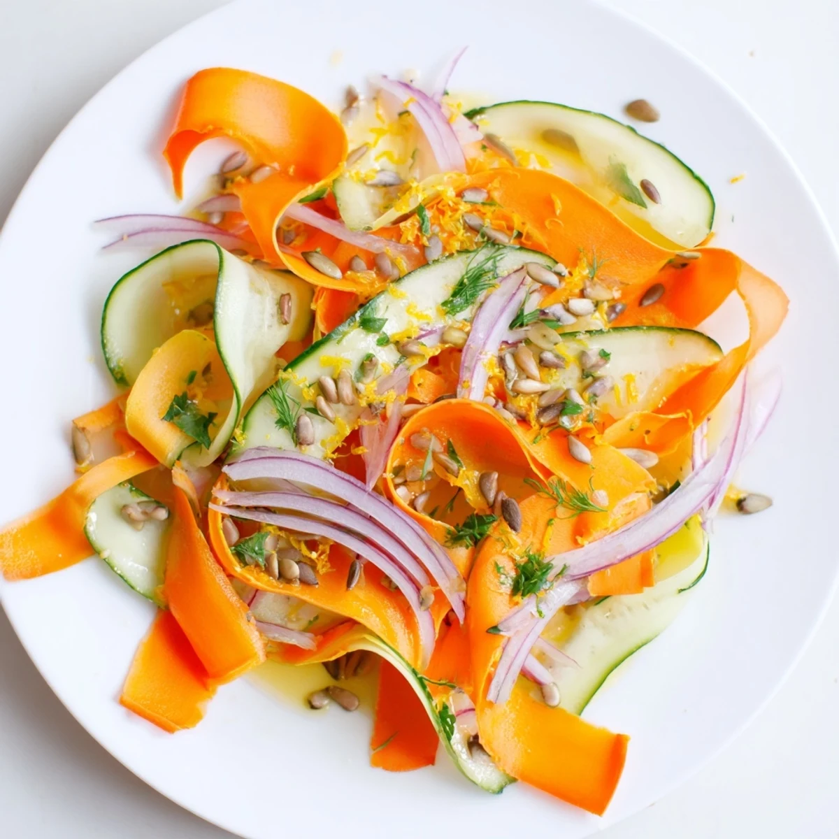 Fresh carrot ribbon salad tossed with zesty citrus dressing and parsley.  