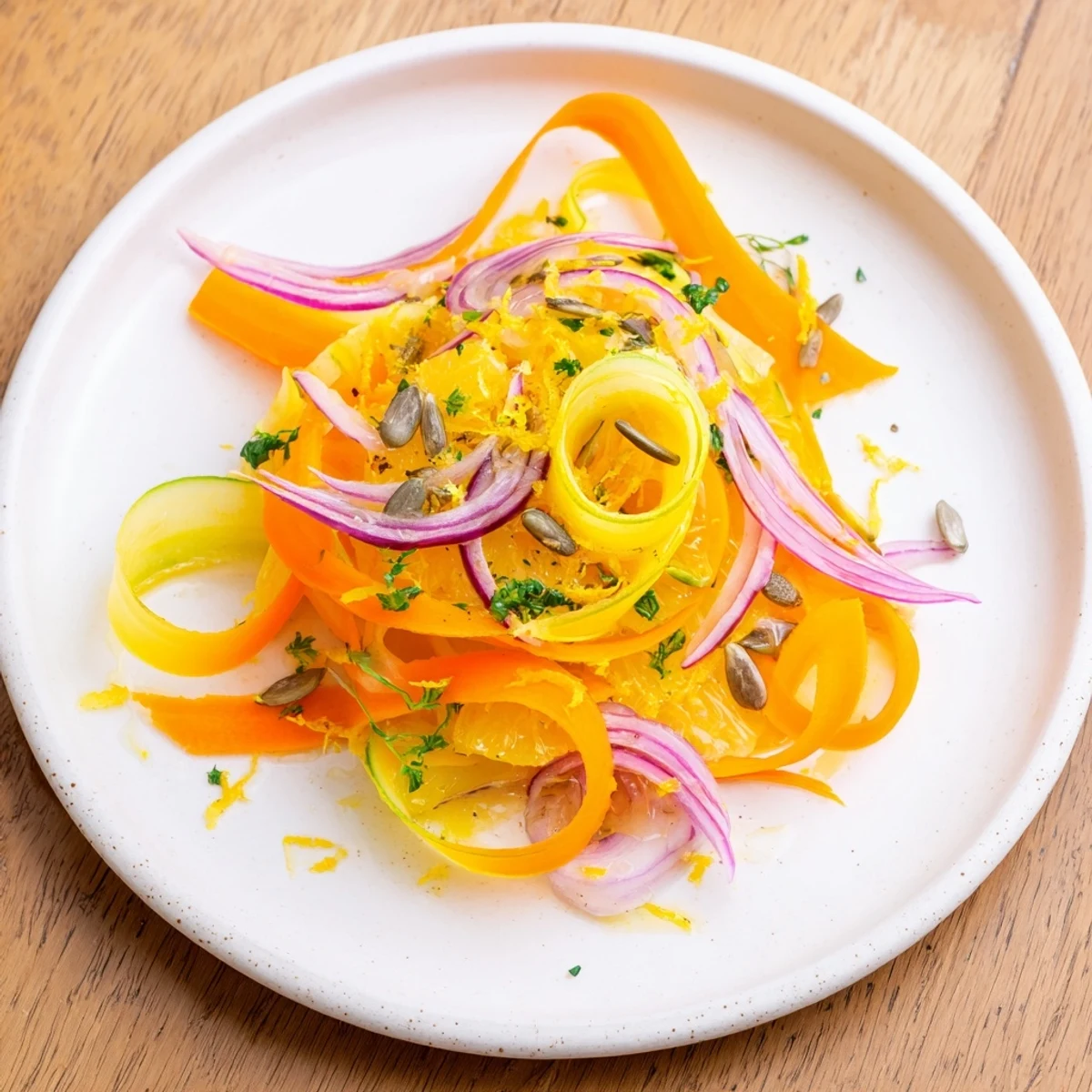 Delicate carrot ribbons in a light citrus dressing topped with sunflower seeds.  
