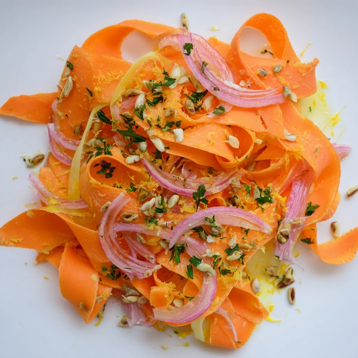 Vibrant carrot ribbon salad with cucumber and red onion in citrus dressing.