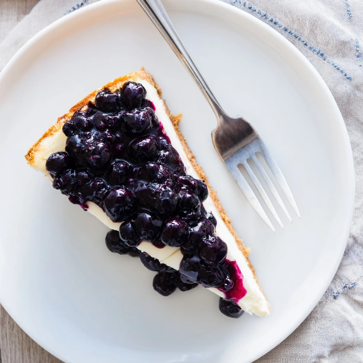 Rich blueberry cheesecake recipe with graham cracker crust and sweet berry swirl.
