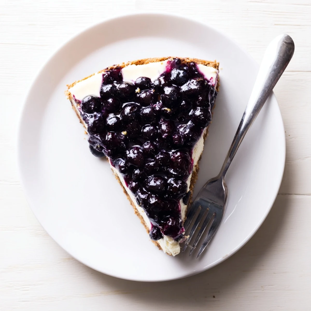 Homemade blueberry cheesecake with smooth filling and thick blueberry topping on a plate.