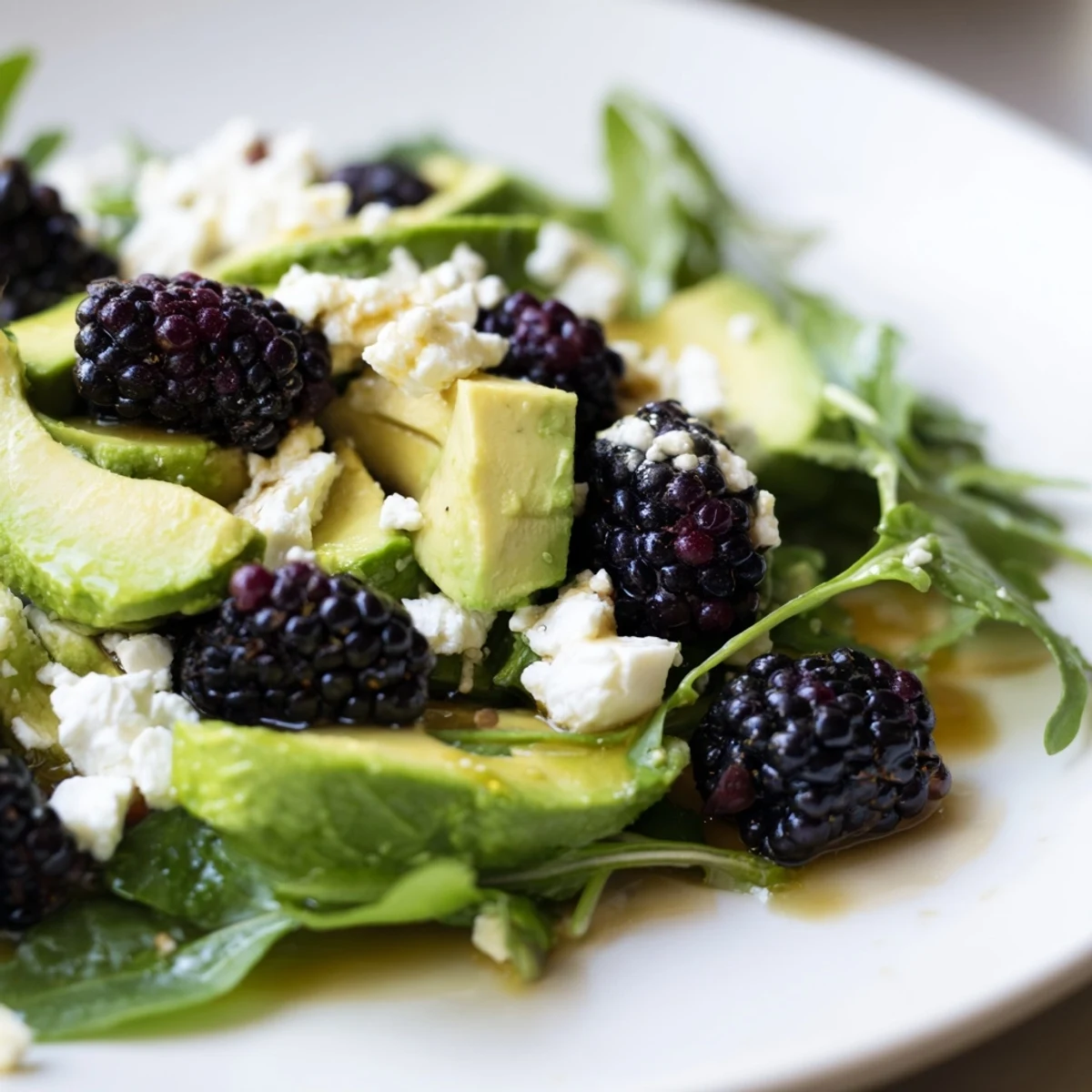 Fresh blackberry avocado salad with creamy avocado, tangy feta, and crunchy pecans drizzled in honey-lime dressing  