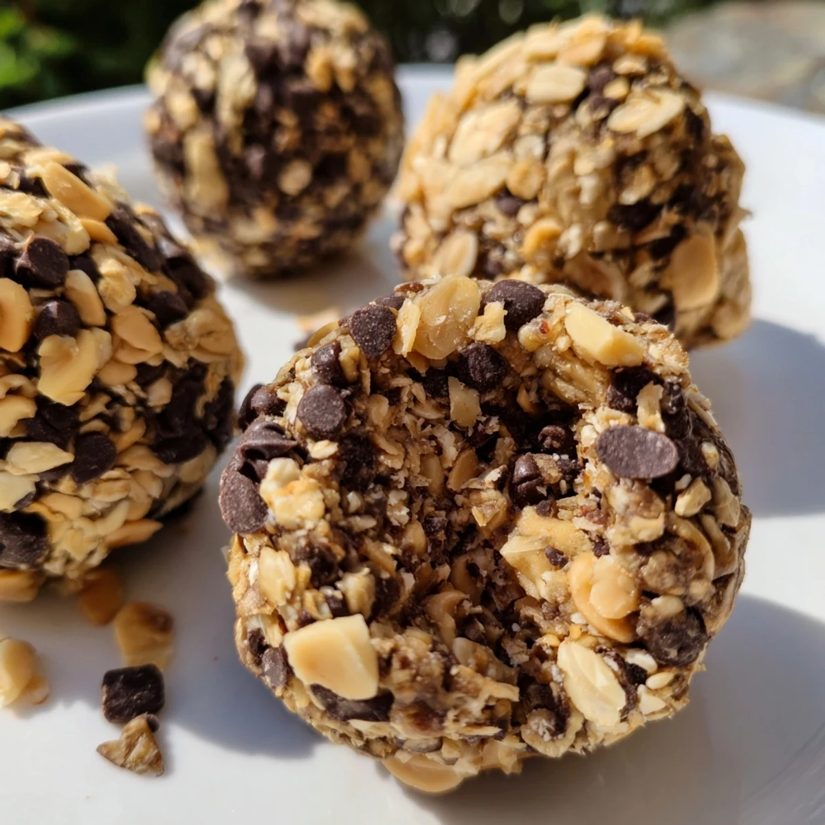 Bite-sized Snickers energy balls topped with crunchy peanuts and dark chocolate chips  