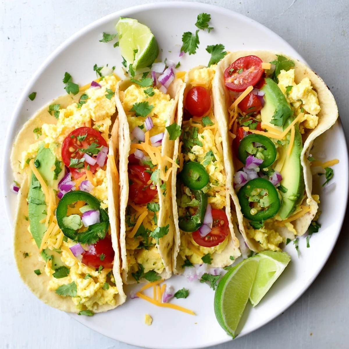 Golden scrambled eggs and fresh toppings fill this breakfast tacos recipe  