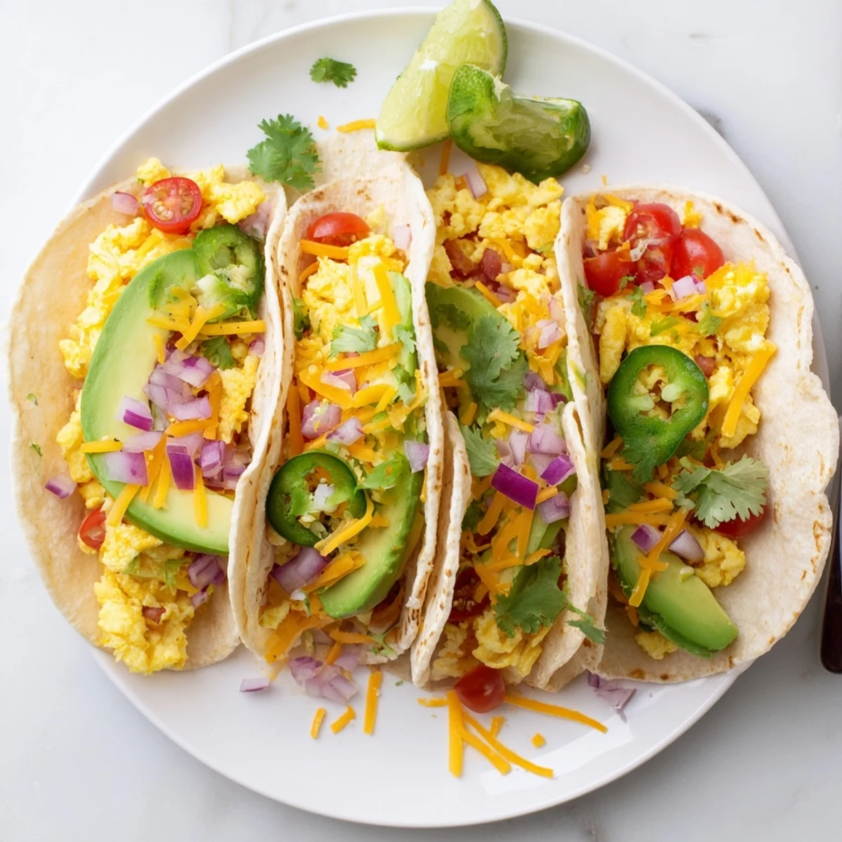Warm tortillas stuffed with avocado and eggs in this breakfast tacos recipe  