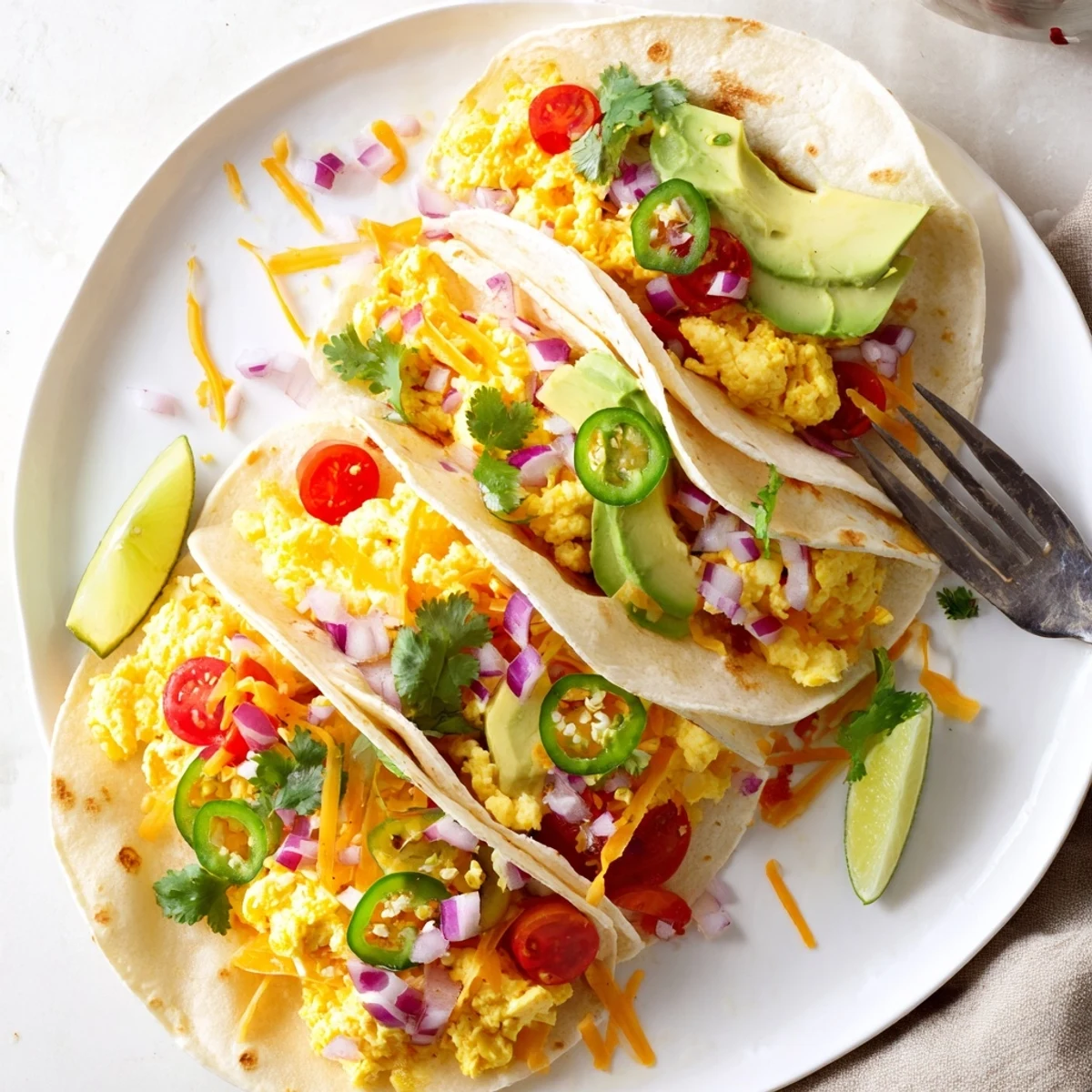 Vibrant breakfast tacos recipe featuring fluffy eggs, cheese, and crisp vegetables