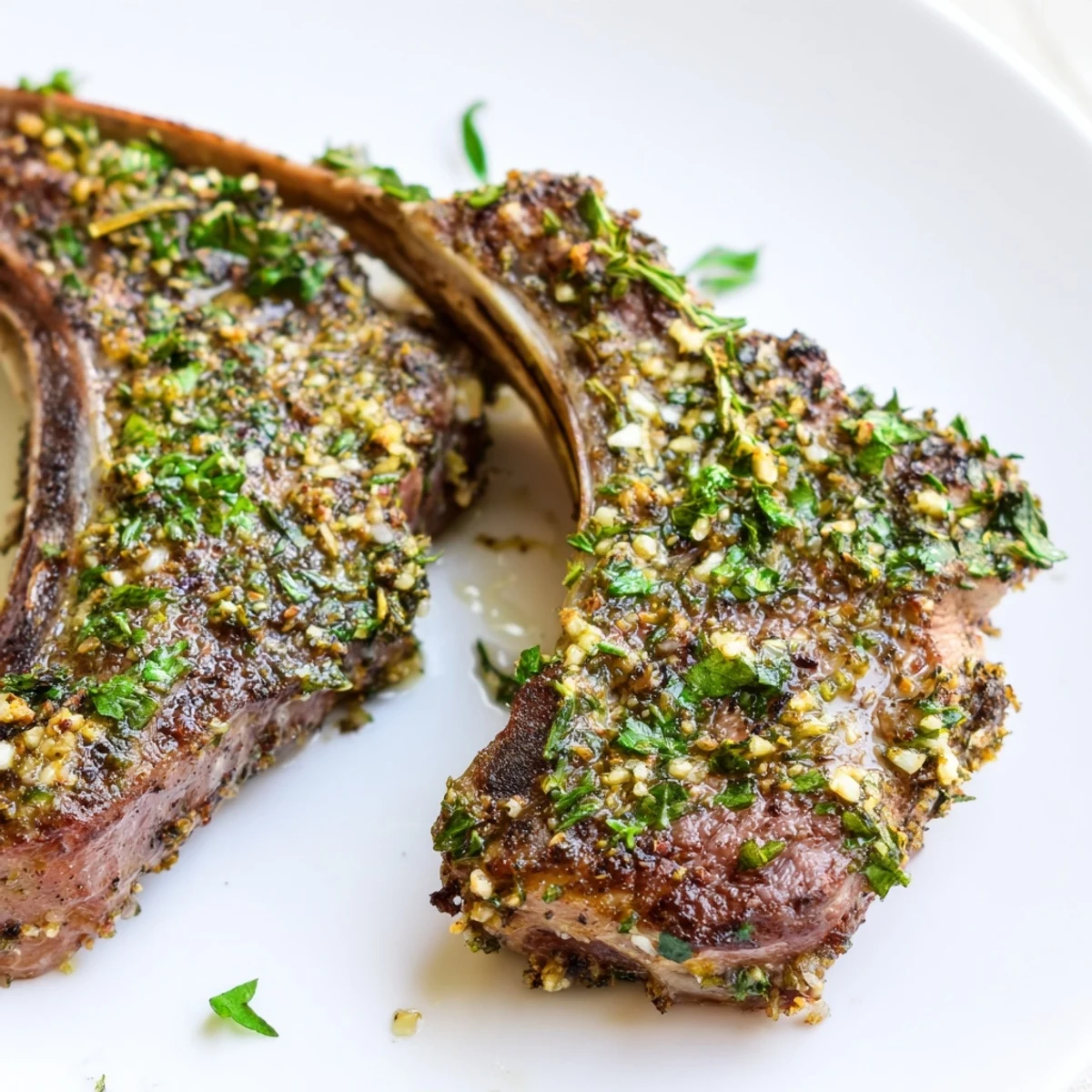 Golden pan-seared herb garlic lamb chops garnished with fresh rosemary and parsley.