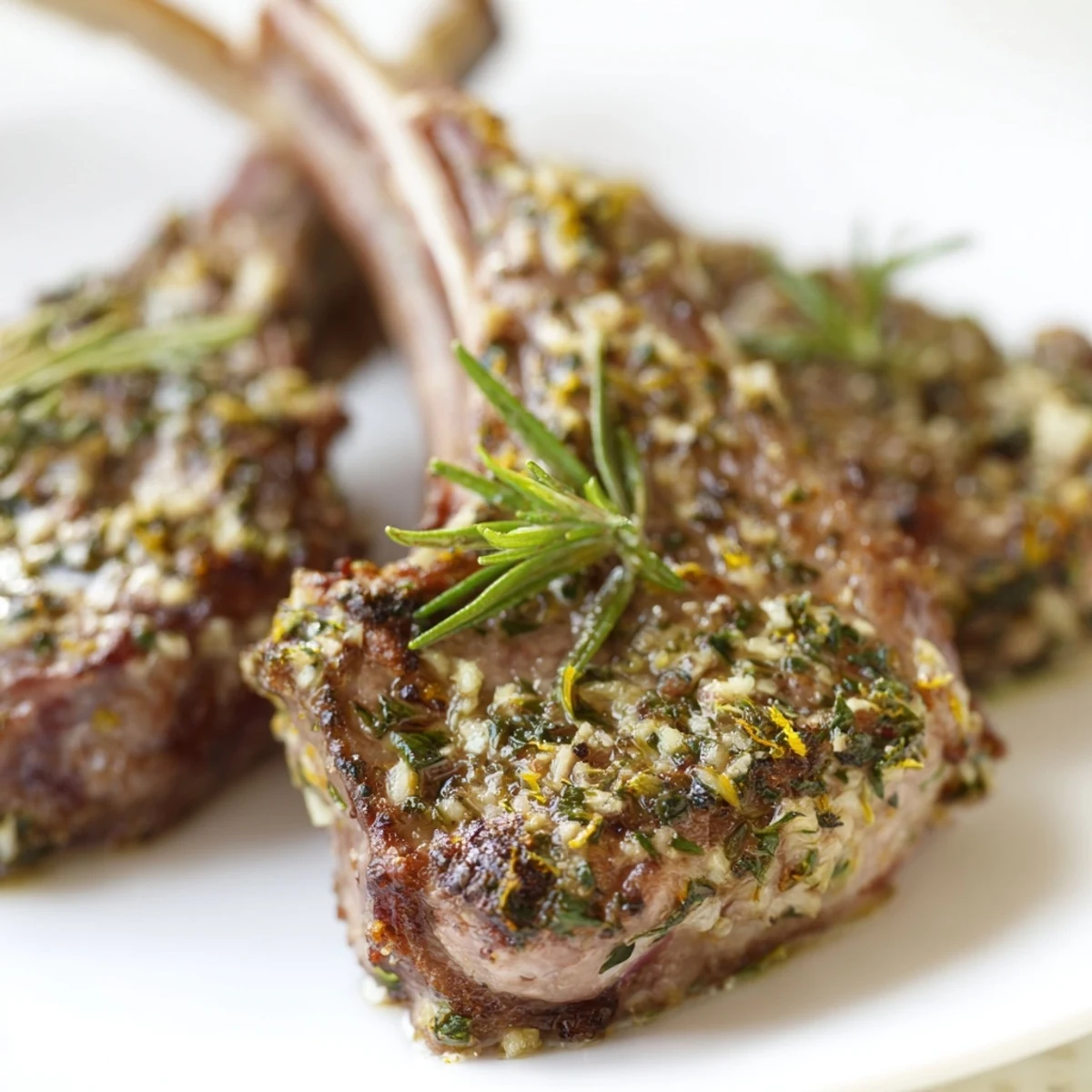 Juicy lamb chops sizzling in a skillet with garlic and Mediterranean herbs.