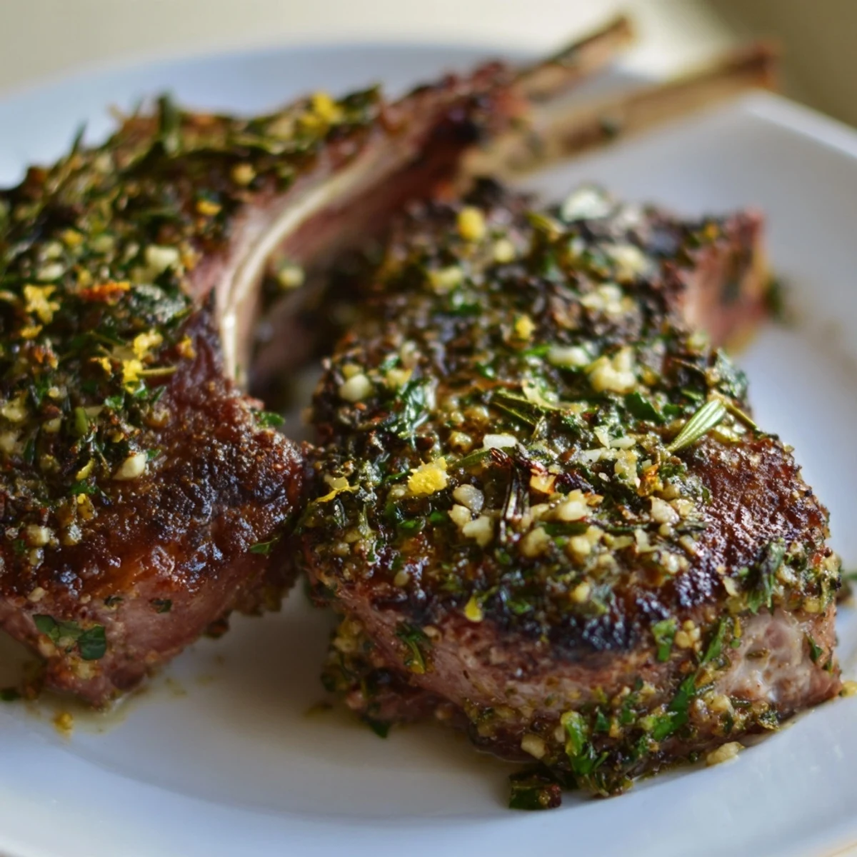 Plate of savory herb garlic lamb chops served with lemon wedges.