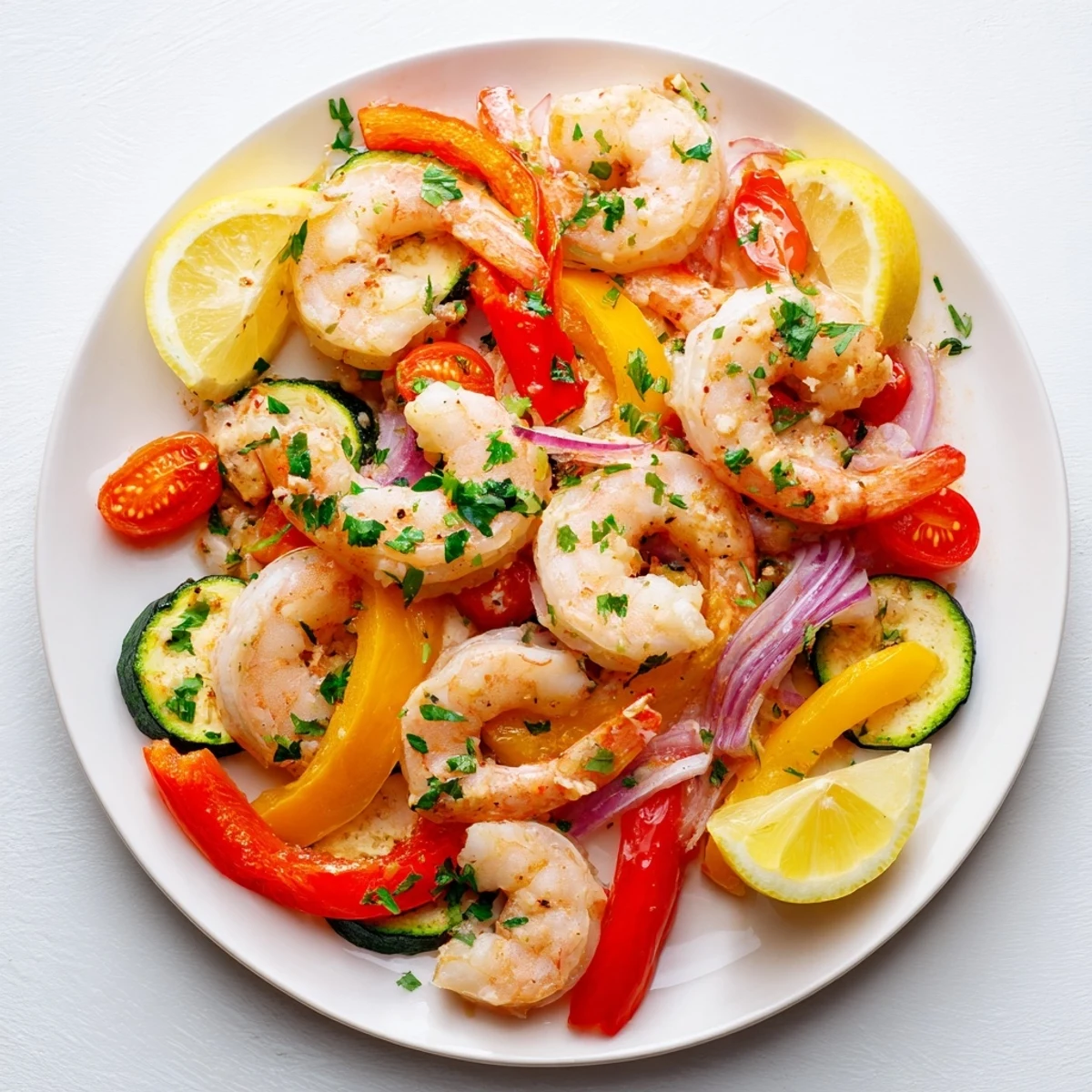 Juicy shrimp in garlic butter sauce with zucchini and peppers on a sheet pan.  