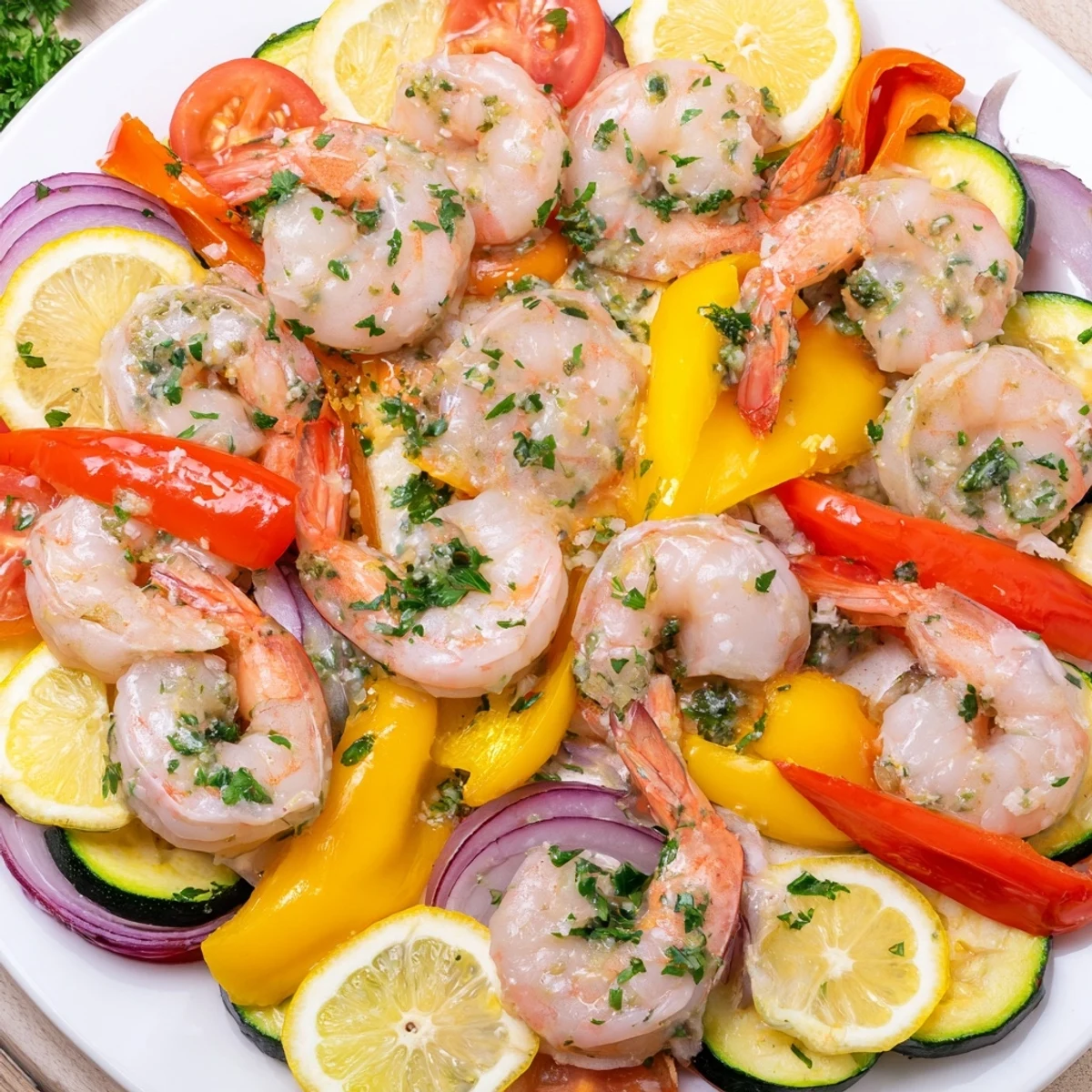 Golden Sheet Pan Garlic Butter Shrimp roasted with colorful vegetables and herbs.  