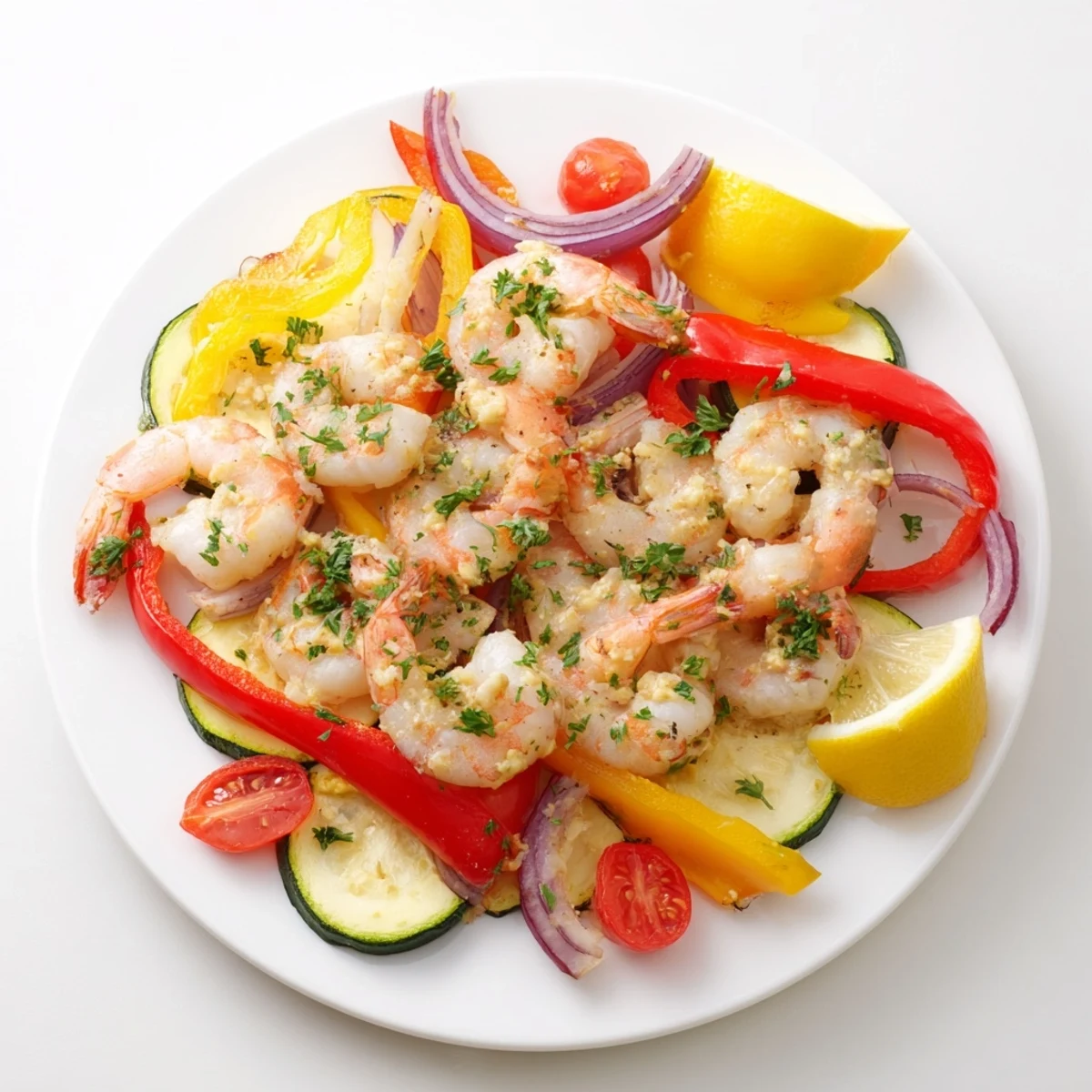 Sheet Pan Garlic Butter Shrimp plated with fresh parsley and lemon wedges for serving.