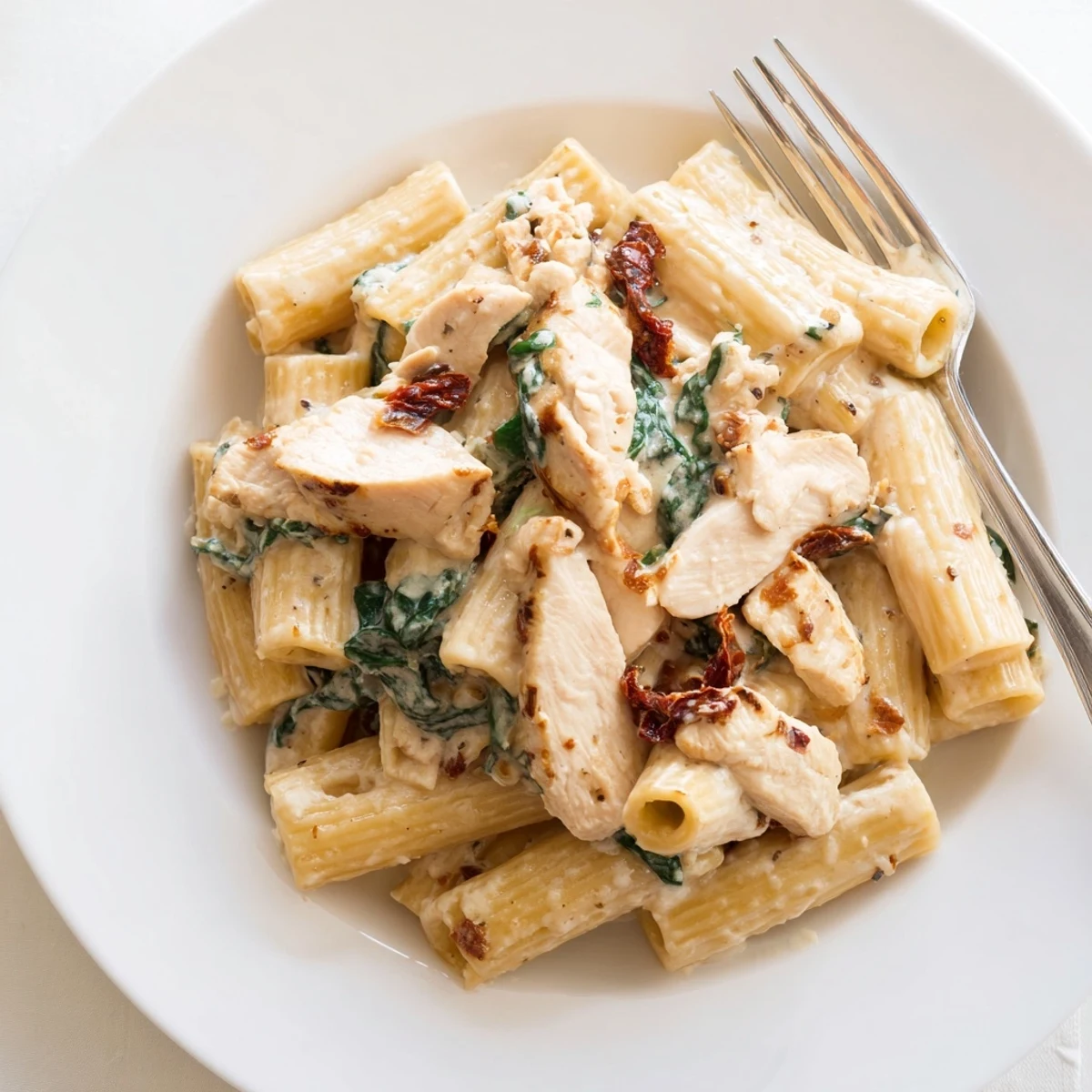Creamy one pan Tuscan chicken pasta topped with parmesan and fresh spinach  
