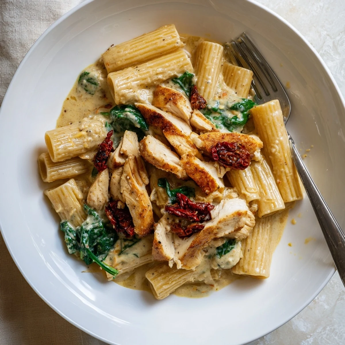 Savory Tuscan chicken pasta with sun-dried tomatoes and creamy parmesan sauce