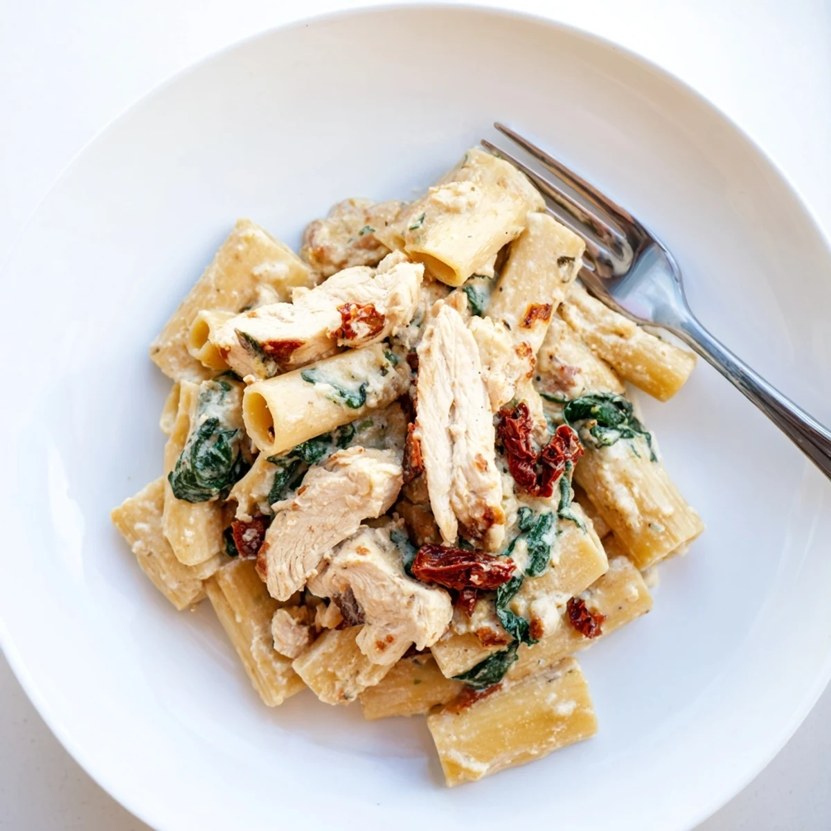 Golden chicken pieces in a rich sauce served over penne pasta  