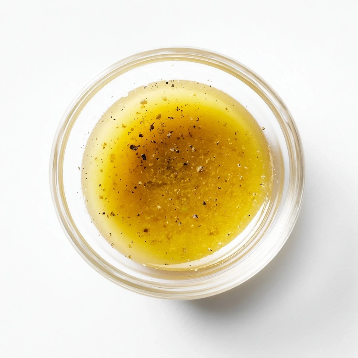 Golden honey vinaigrette drizzled over fresh mixed greens in a bowl.