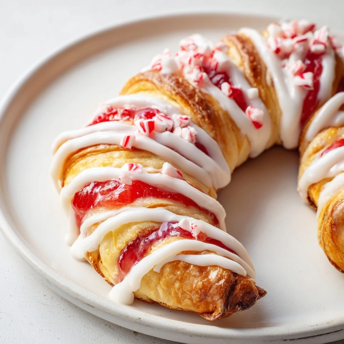 Festive candy cane crescent filled with cream cheese and sweet strawberry preserves  