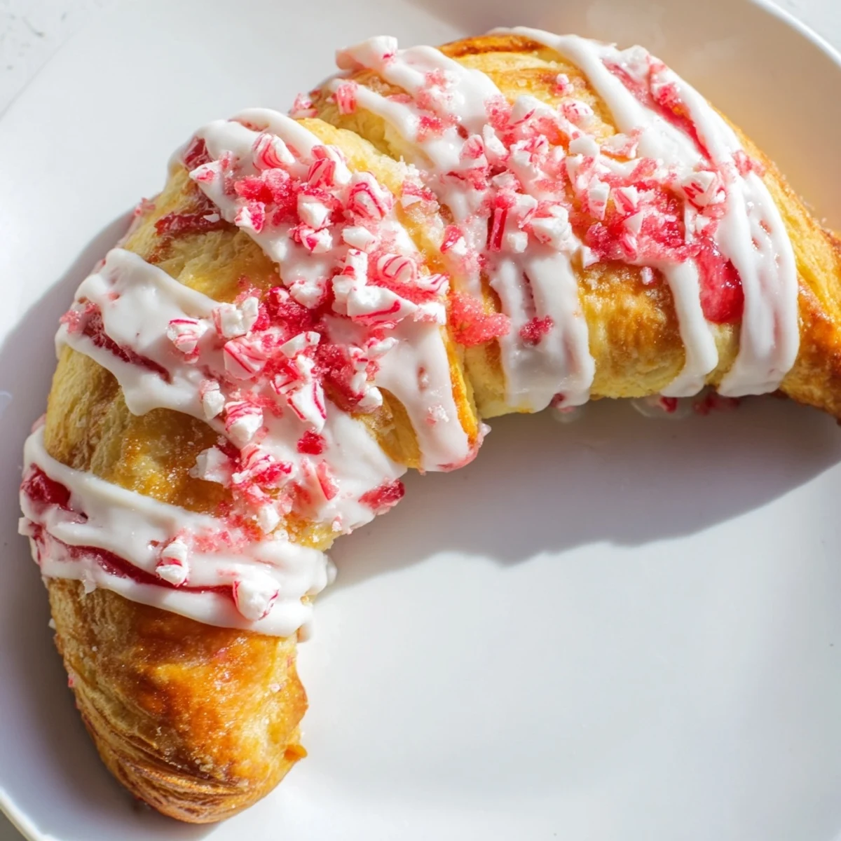 Golden candy cane crescent pastry drizzled with white icing and peppermint crumbs  
