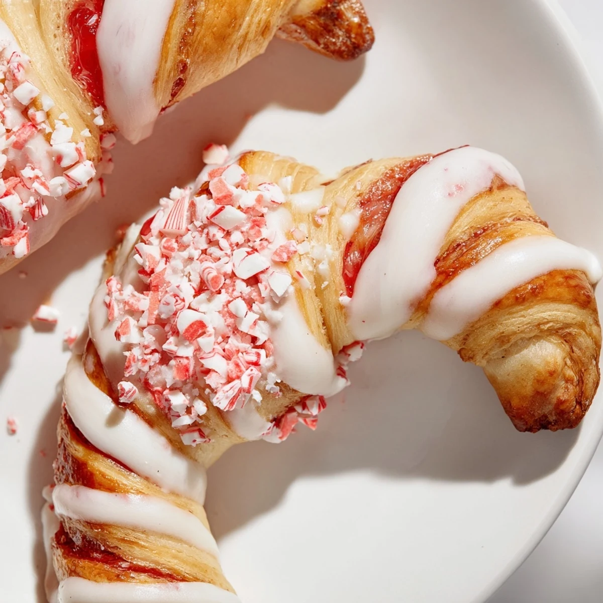 Baked candy cane crescent topped with powdered sugar glaze and crushed candy canes