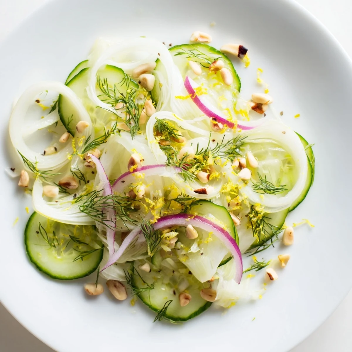 Thinly sliced fennel and cucumbers tossed with dill and pine nuts.  