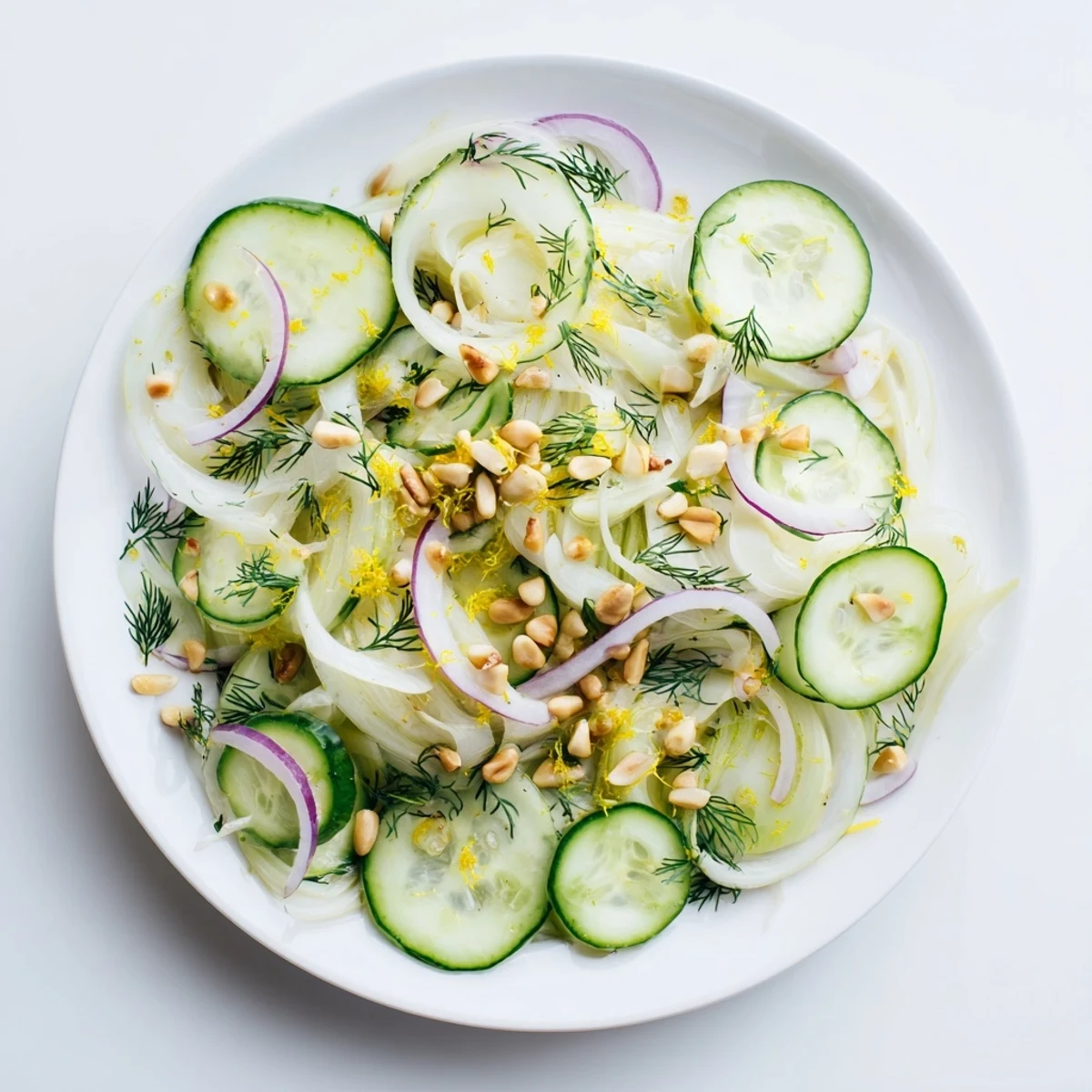 Crisp fennel cucumber salad with zesty citrus dressing in a white bowl.  