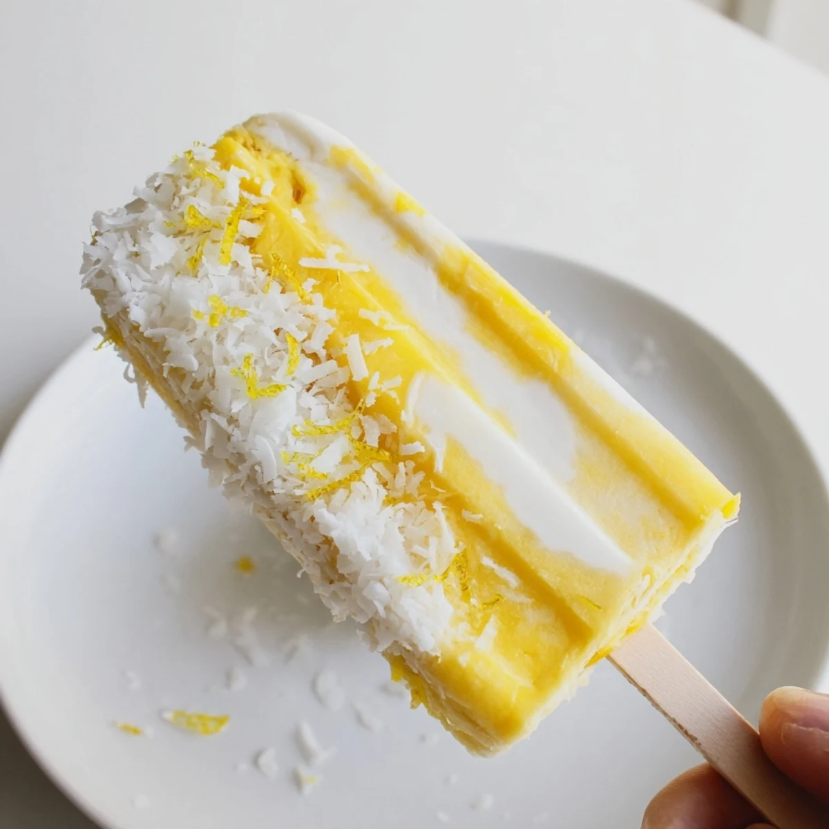 Swirled pineapple and coconut lime popsicles ready to serve on a hot sunny day