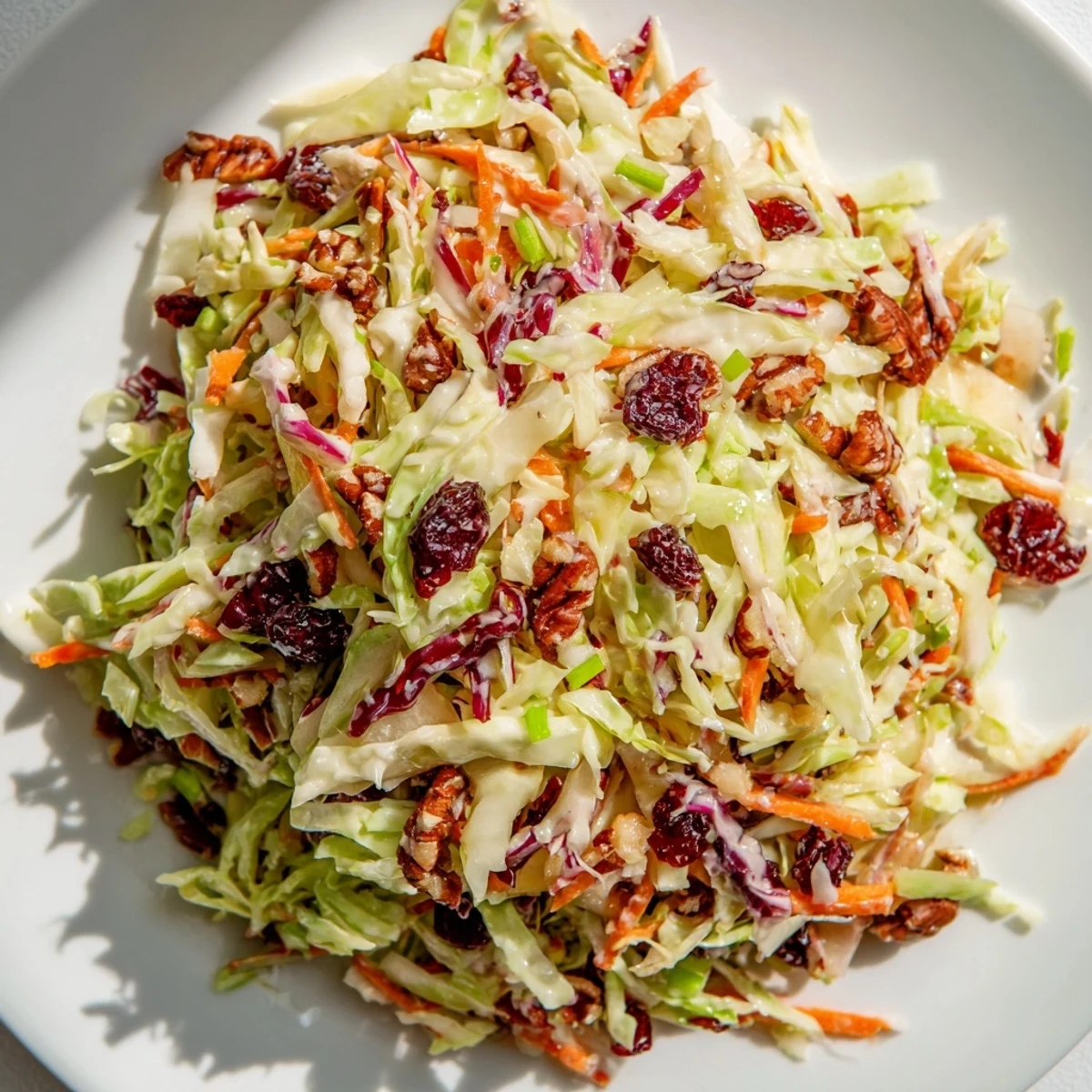 Creamy cranberry apple coleslaw topped with walnuts in a white serving bowl.