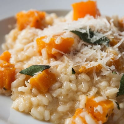 Steaming bowl of homemade Winter Squash Risotto with Sage and Parmesan, topped with grated cheese, served alongside a fresh garden salad.