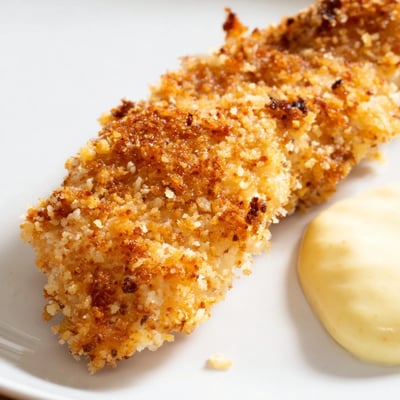 Four servings of Crispy Baked Chicken Tenders with Honey Mustard on a rustic wooden board, perfect for a family dinner.