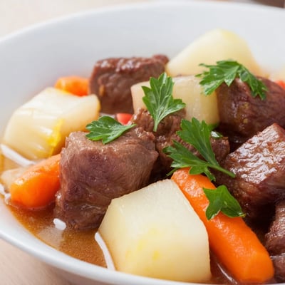 Steam rises from a deep bowl of Slow Cooker Beef Stew with parsnips and carrots, served alongside a slice of crusty artisan bread for dipping. 