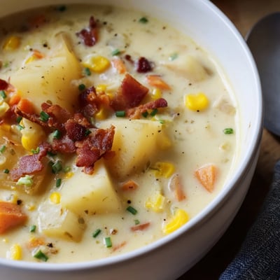 Garnished with fresh chives and crispy turkey bacon, this hearty Creamy Corn Chowder steams in a rustic bowl, perfect for chilly autumn evenings.