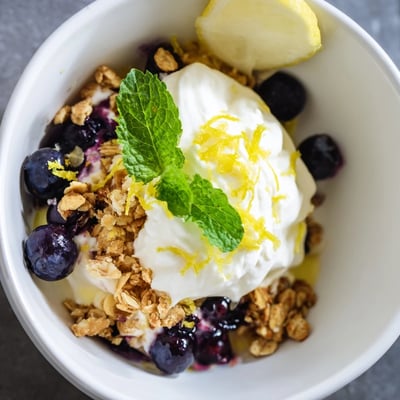 Lemon yogurt, plump blueberries, and granola layered tall in a clear glass.