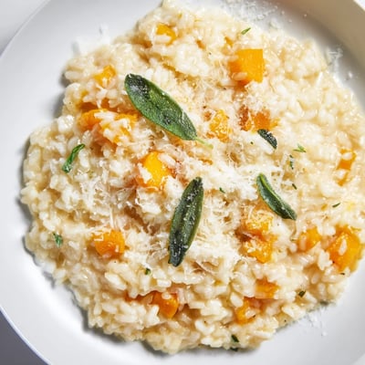A spoon scoops velvety Winter Squash Risotto with Sage and Parmesan Cheese, revealing tender arborio rice, rich Parmesan, and fragrant sage for a cozy vegetarian dinner.
