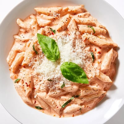 Fork twirling penne coated in Creamy Tomato Basil Pasta with Grated Parmesan, served with garlic bread and a glass of red wine on a rustic table.