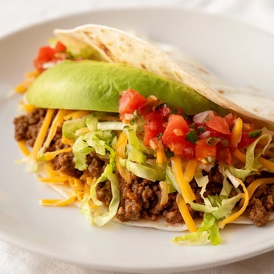 Two warm Beef Tacos with Soft Tortillas filled with beef and garnished with lettuce, cheese, and avocado slices.