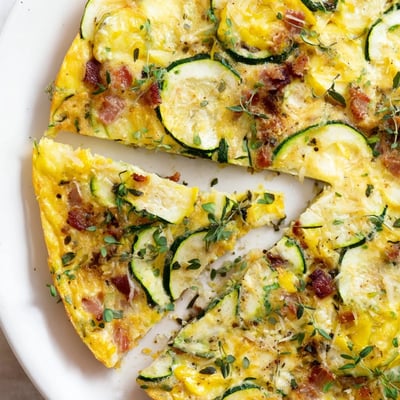 Fresh Zucchini Herb and Pancetta Frittata garnished with parsley, served warm with a colorful side salad for brunch.