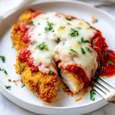 Golden, crispy chicken cutlets rest on a bed of spaghetti with extra sauce, showcasing a classic Chicken Parmigiana dinner for four.