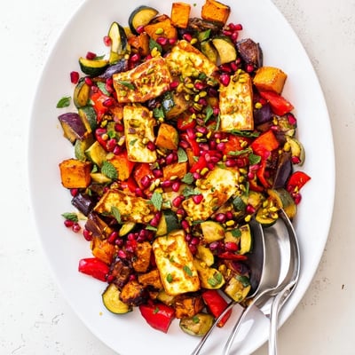 Jewelled Haloumi With Spiced Vegetable Bake served warm as a vegetarian centerpiece, garnished with pistachios and lemon zest for U.S. home cooks.