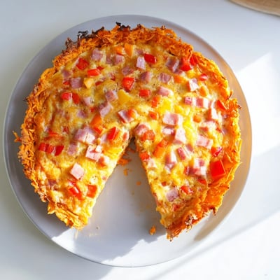 A close-up of the Red Capsicum and Ham Quiche with Sweet Potato Crust reveals melted cheese and vibrant red pepper inside.