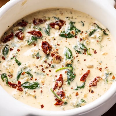 Pasta bowl coated in Creamy Tuscan Garlic Sauce with Parmesan and herbs.