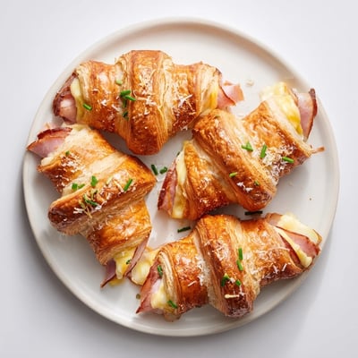 Freshly baked Stuffed Croissants showing a cheesy, hot interior with ham and creamy sauce on a wooden board.